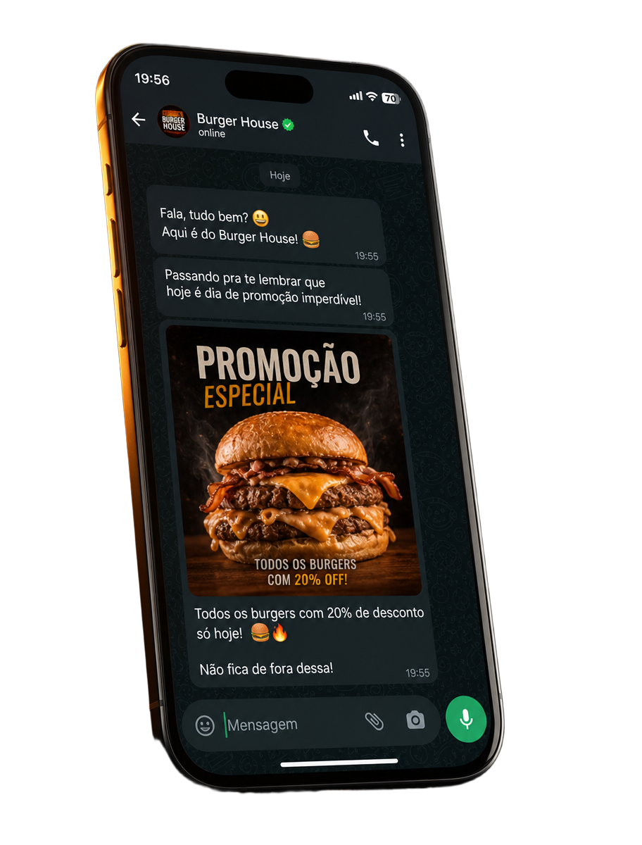 Celular exibindo conversa no WhatsApp com promoção de hamburgueria enviada pelo ZapFood
